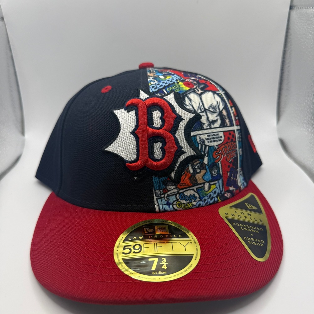 New Era 59FIFTY Low Profile Boston Red Sox Comic Print Fitted Hat 7 3/4 Navy Red